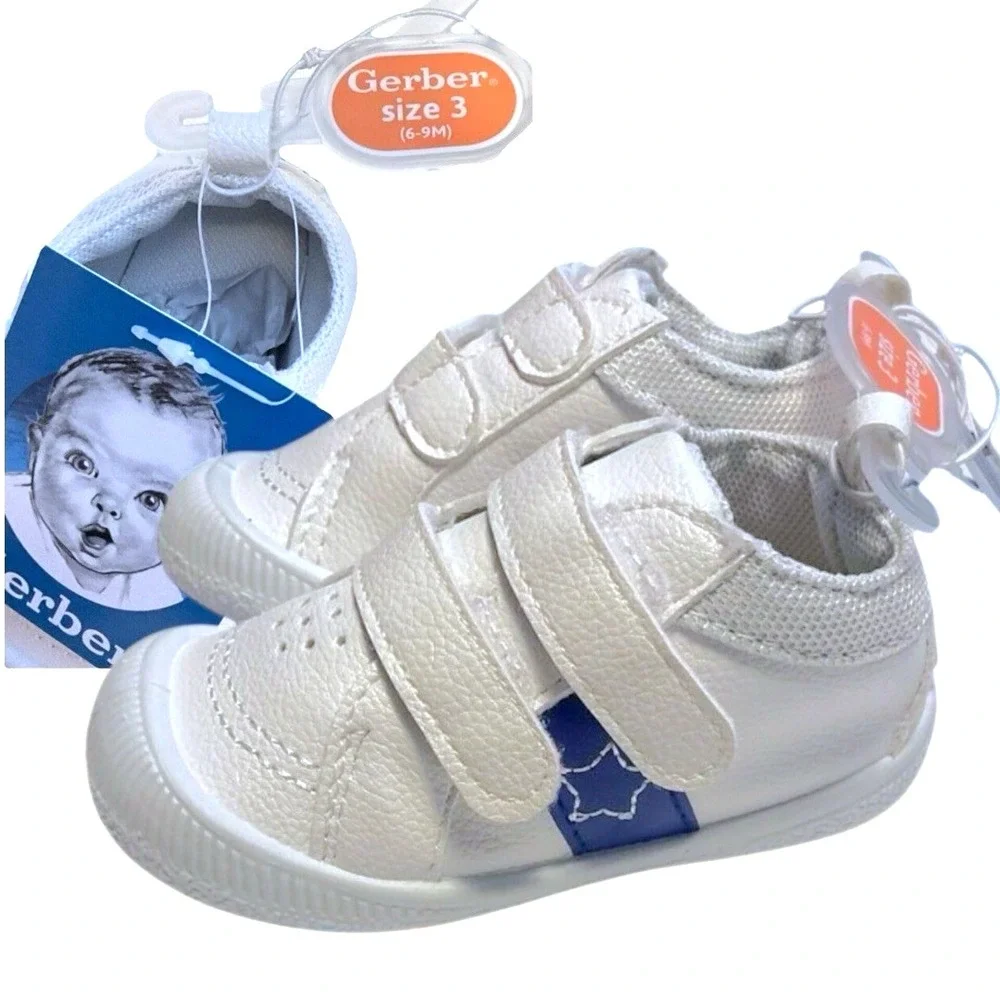 Gerber White Sneakers Size 3 (6-9 months) Blue Stars Kids Shoes‎ Hook & Loop